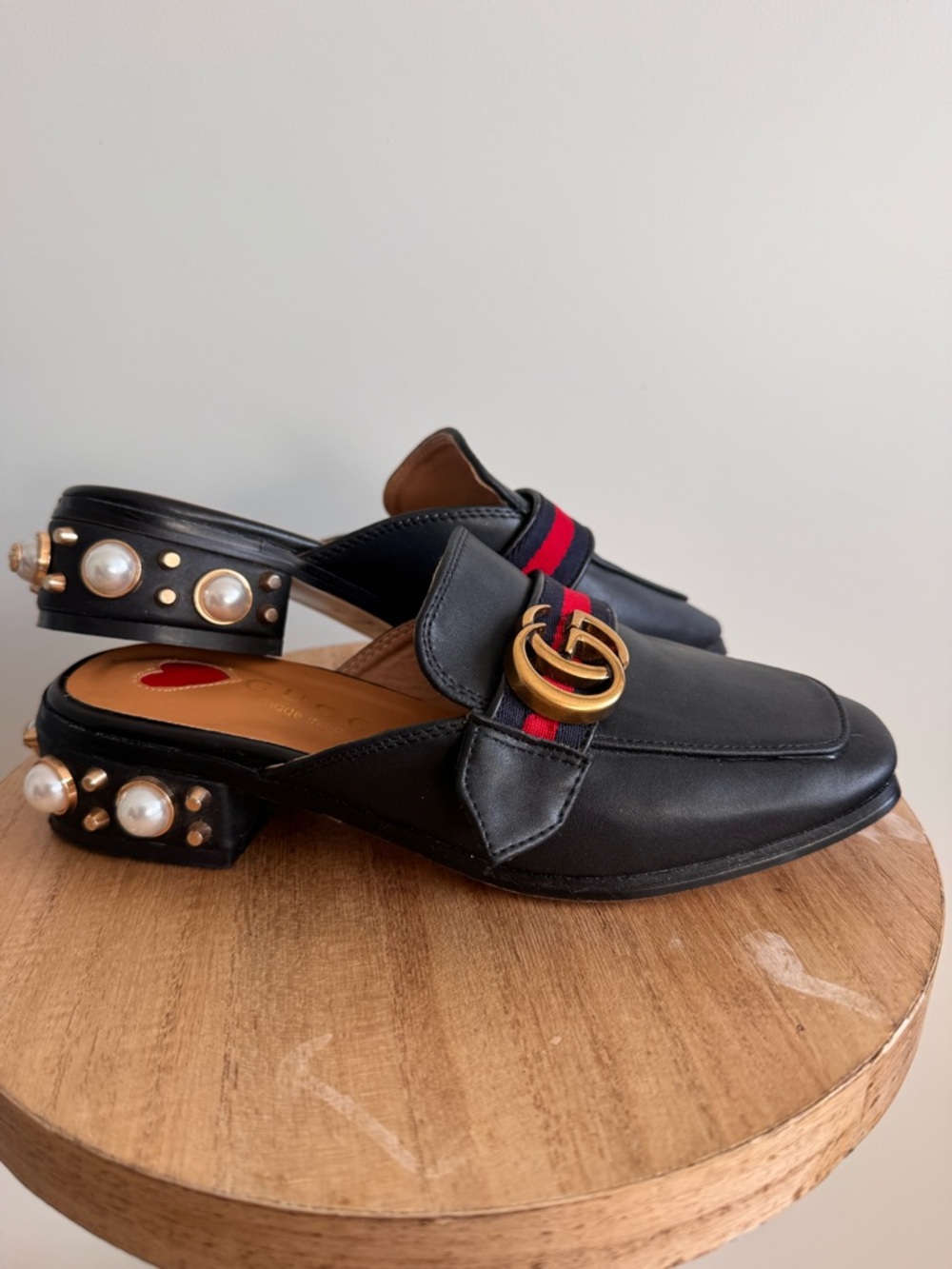 Gucci D U P E Black Leather Pearl-Embellished GG Slide Mules with Red Navy Web